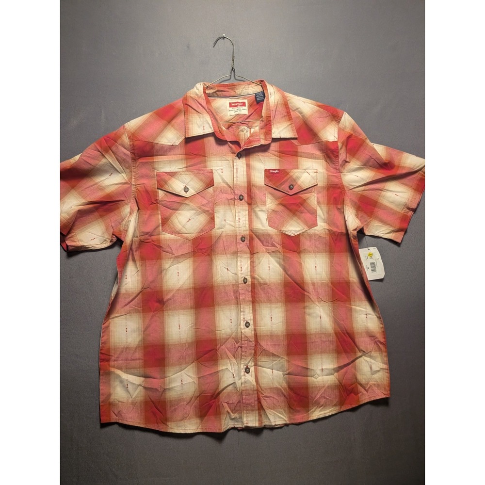 Wrangler Mens XL Red Beige Plaid Western Short Sleeve Button Up Shirt